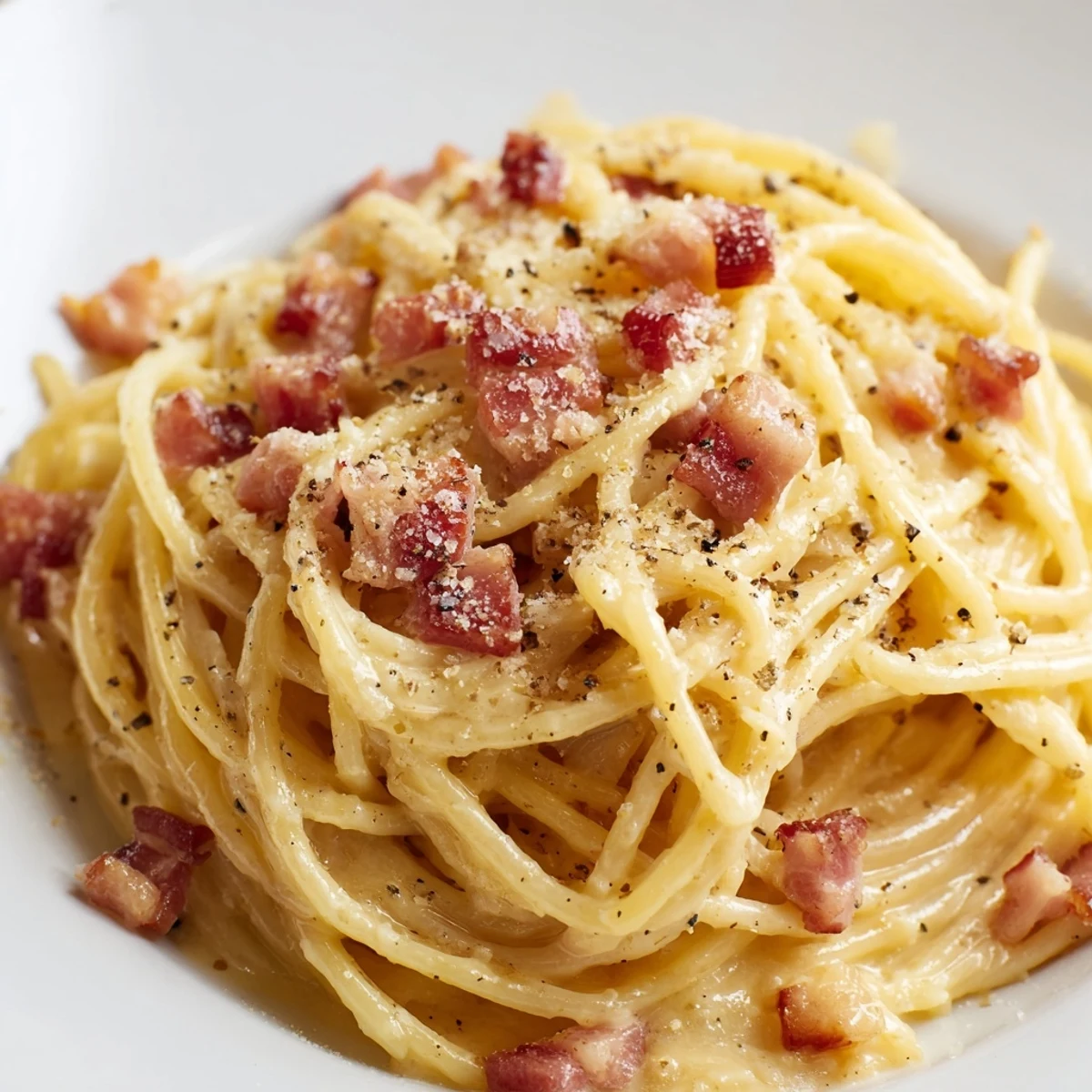 Express Spaghetti Carbonara, a plate of creamy pasta with crispy bacon and grated Parmesan.