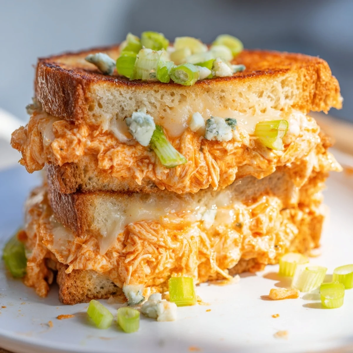 A close-up of a perfectly grilled Buffalo Chicken Grilled Cheese sandwich with melted cheese and tender chicken on crispy bread.