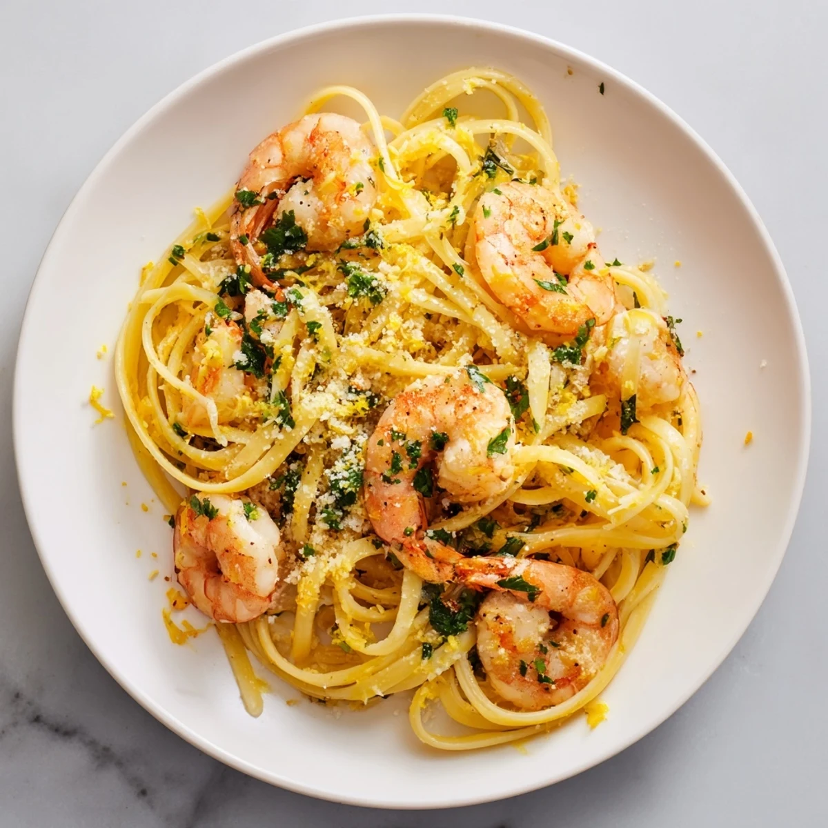 A flavorful bowl of lemon herb pasta with shrimp, showcasing tender shrimp and lemon zest.