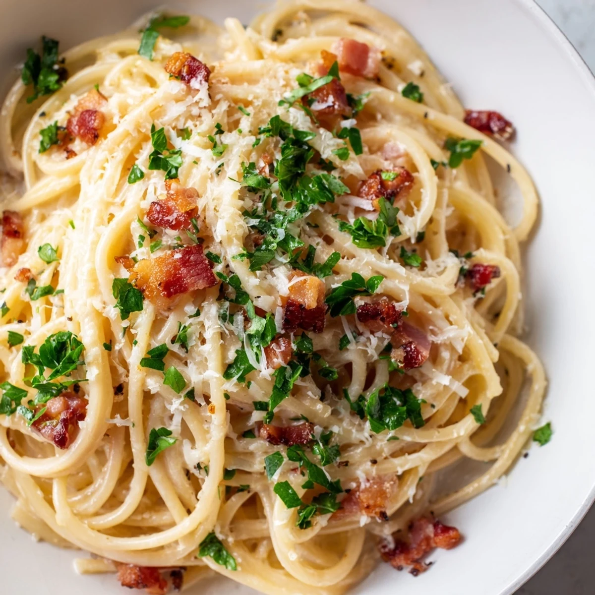Golden, crispy bacon tops this amazing creamy garlic bacon pasta, ready for a satisfying Italian meal.