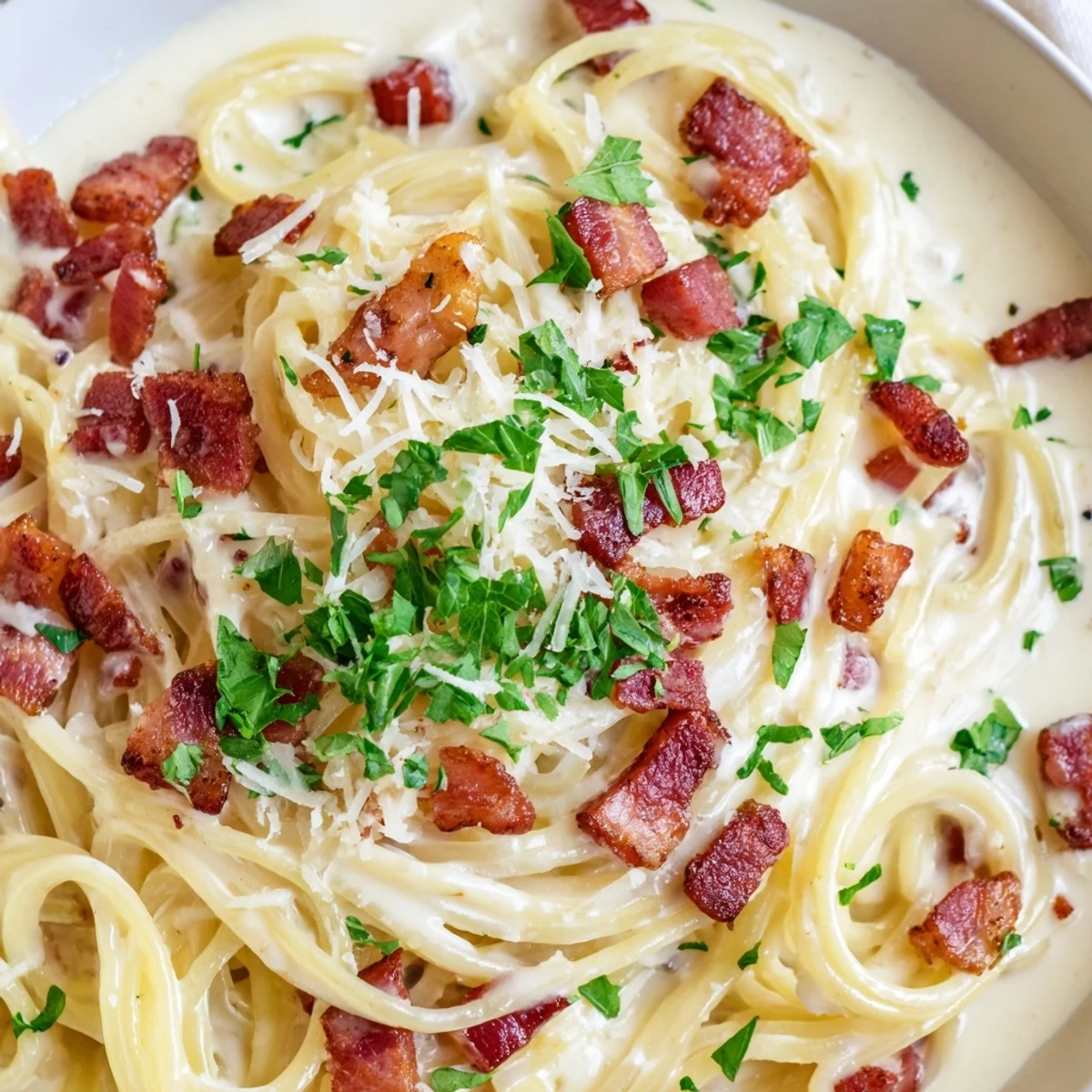 Creamy garlic bacon pasta, a comforting dish with crispy bacon, garlic, and a rich, creamy sauce.