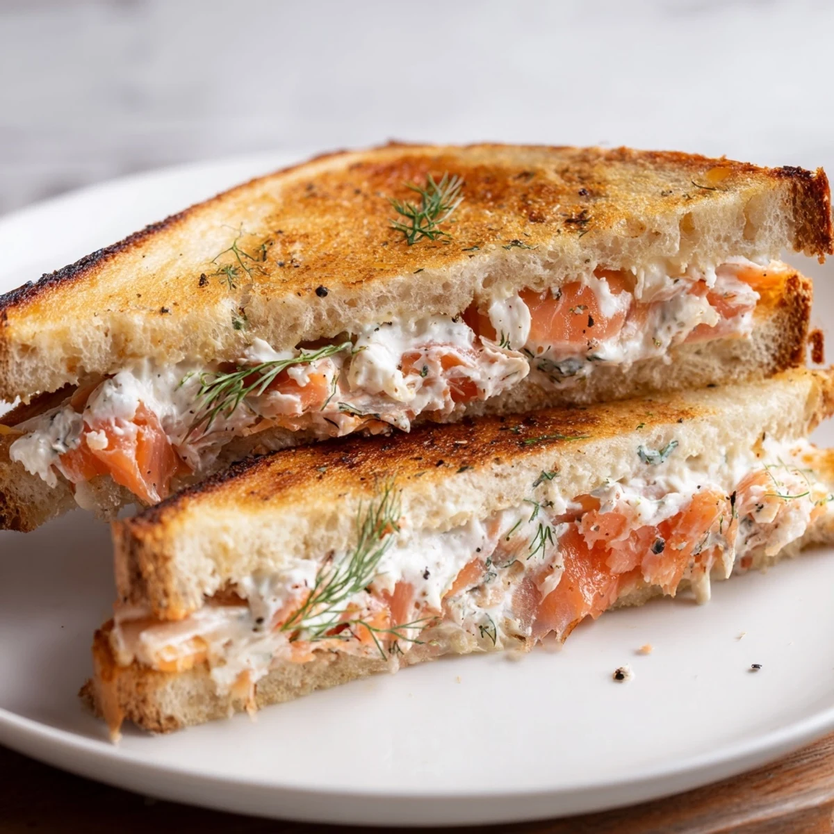 Toasty sourdough showcasing a delightful Smoked Salmon Grilled Cheese, with layers of savory smoked salmon.