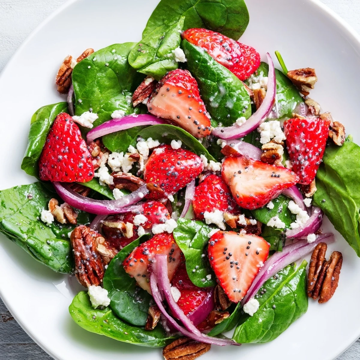 Fresh spinach strawberry salad bursting with vibrant red berries, drizzled with sweet poppy seed dressing.