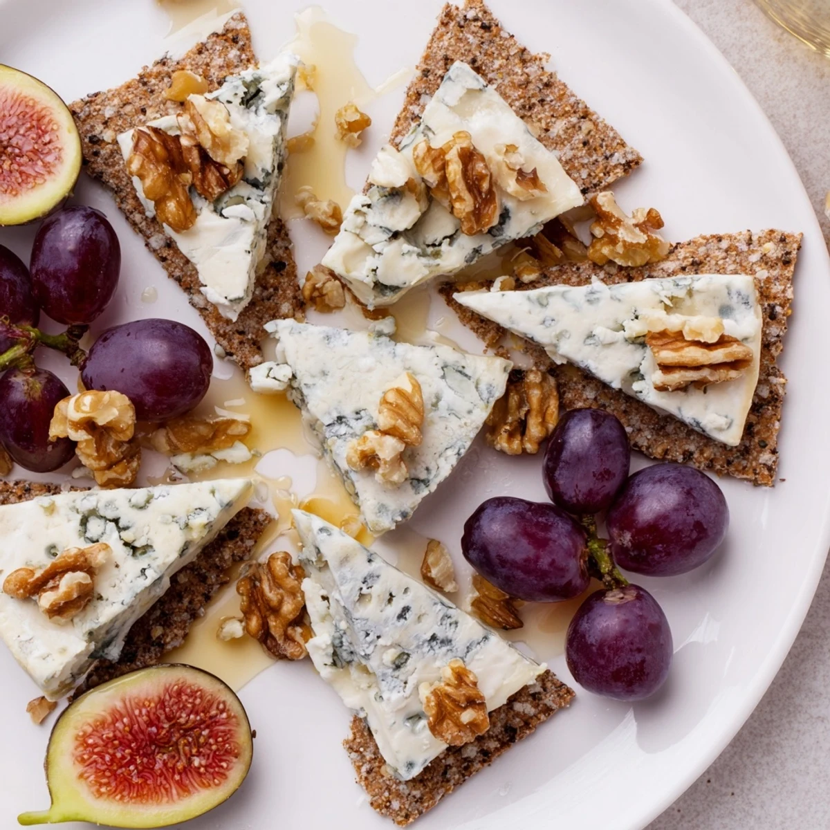 Artfully arranged Blue Ridge Mountains cheese platter, featuring blue cheeses resembling a mountain range with honey and walnuts.