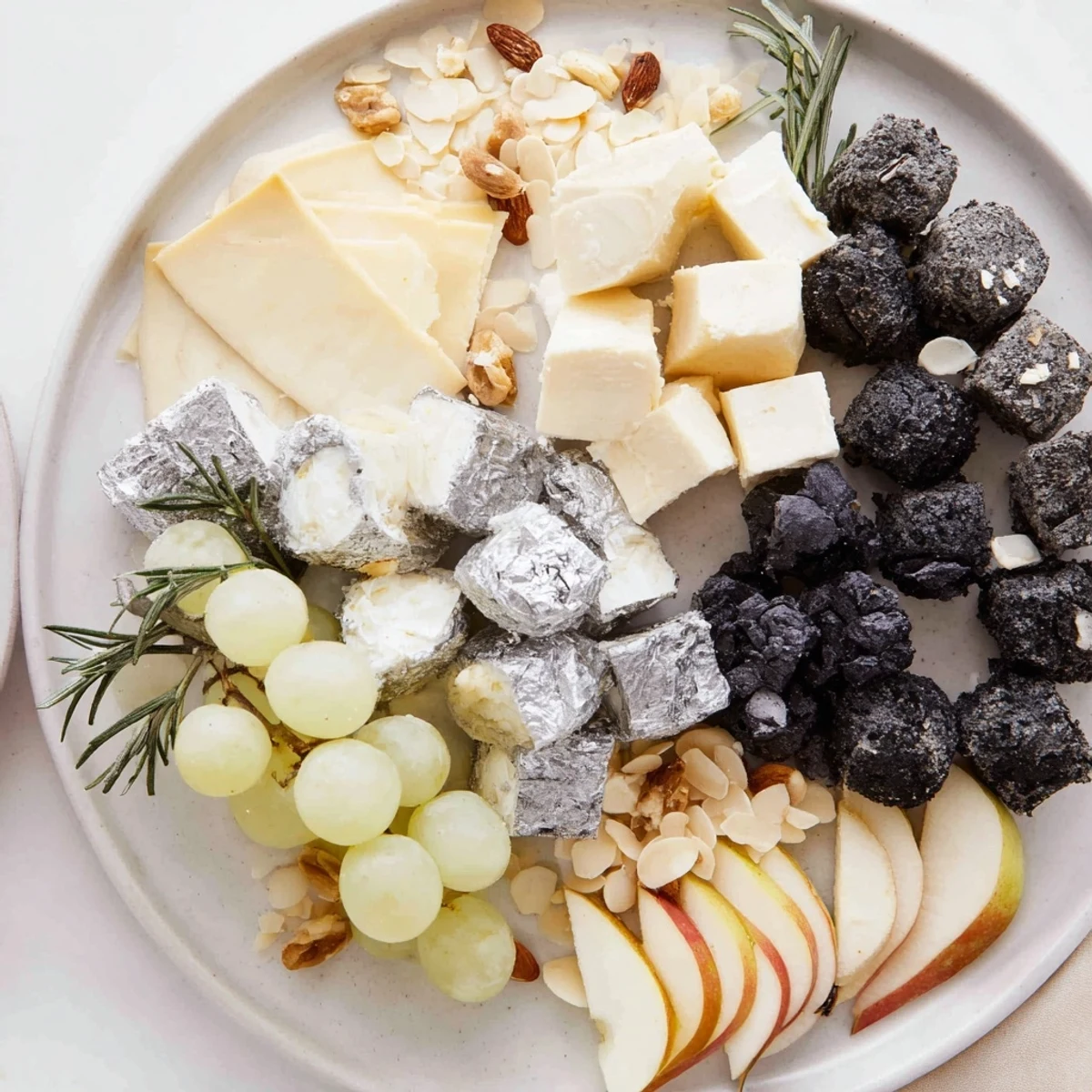 Elegant The Silver Screen cheese board features creamy truffle cheeses with shimmering silver chocolates and fruit.