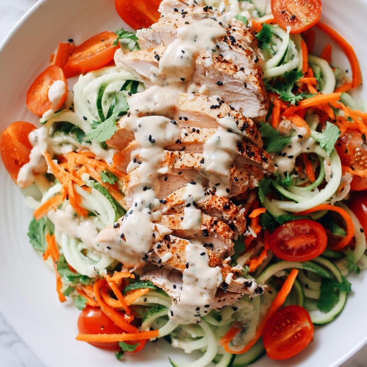 Grilled chicken atop a colorful Protein Cucumber Salad, drizzled with sesame dressing, ready to enjoy.