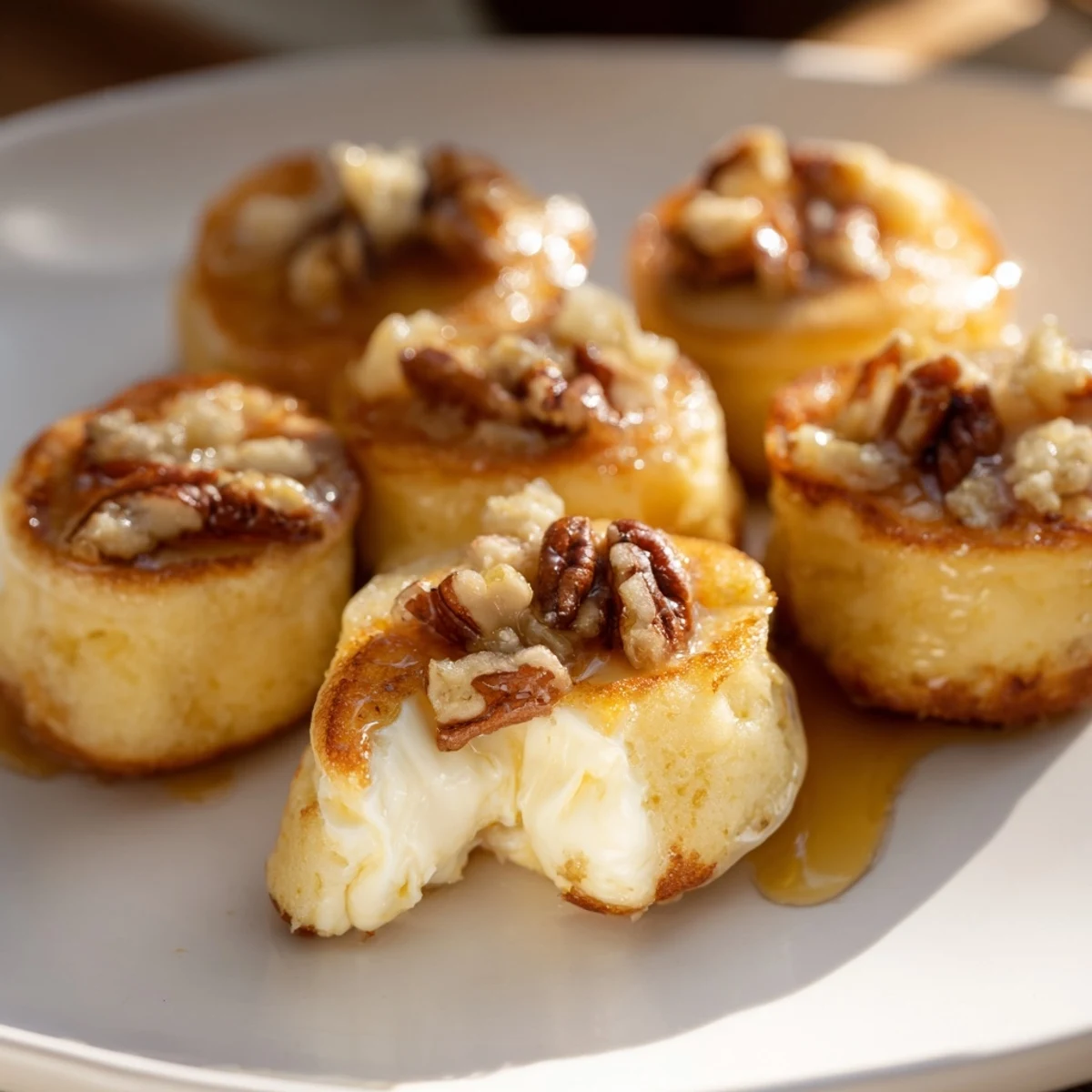 Warm, gooey brie melting within fluffy Pancake Brie Bites, a delicious and easy snack recipe.