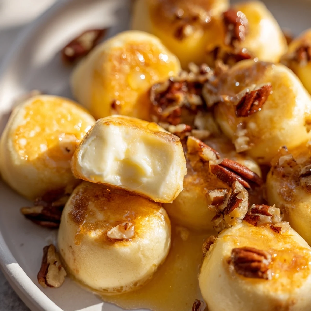 Perfectly baked Pancake Brie Bites, drizzled with honey, offering a delightful combination of flavors.