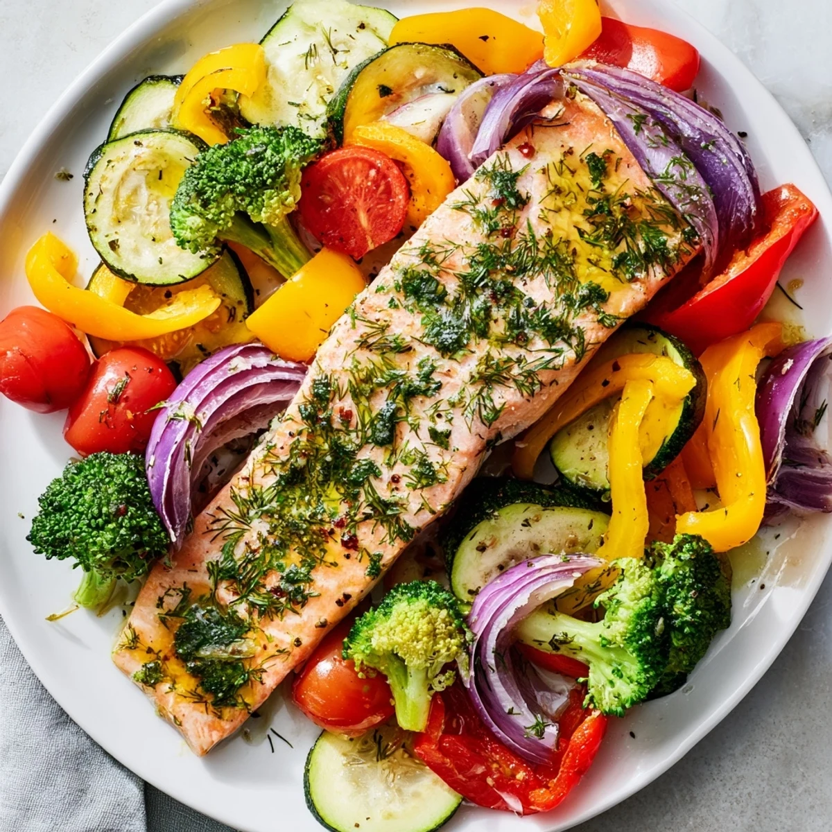Delicious and easy Salmon Sheet Pan Bake: a vibrant, flavorful meal with fresh herbs and lemon wedges.