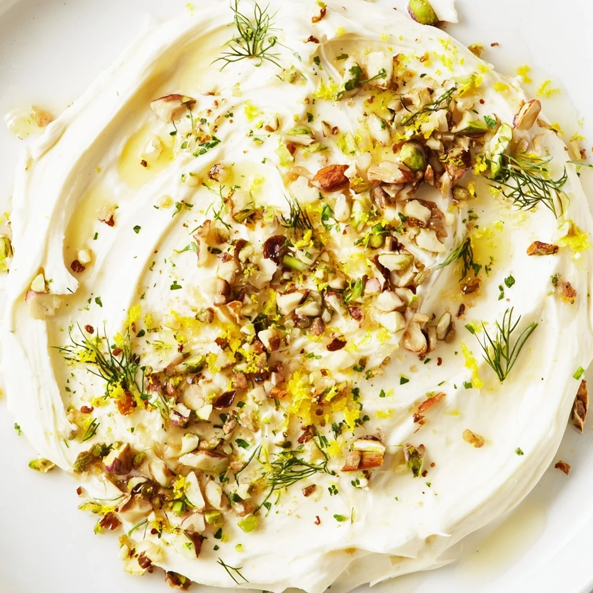 A beautiful butter board charcuterie with toasted nuts, herbs, and lemon zest; a great appetizer.