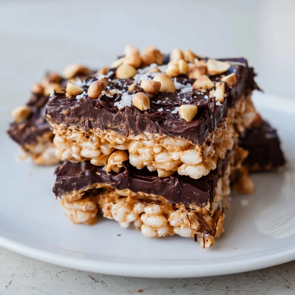 Homemade Peanut Butter Chocolate Rice Cakes, complete with a dark chocolate drizzle and chopped peanuts for topping.