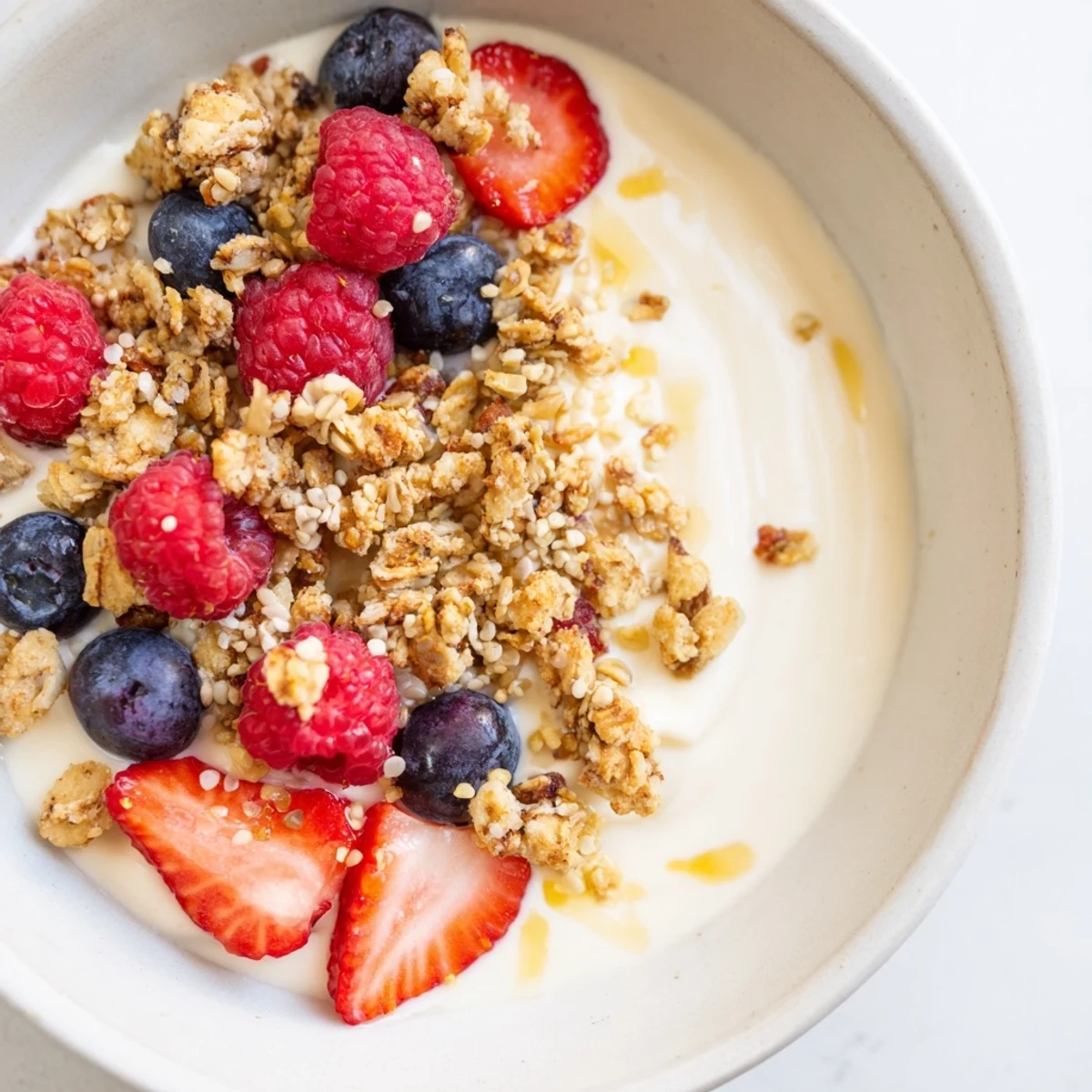 Creamy yogurt bowl brimming with fresh berries, crunchy granola, and a boost of protein, ready to enjoy.