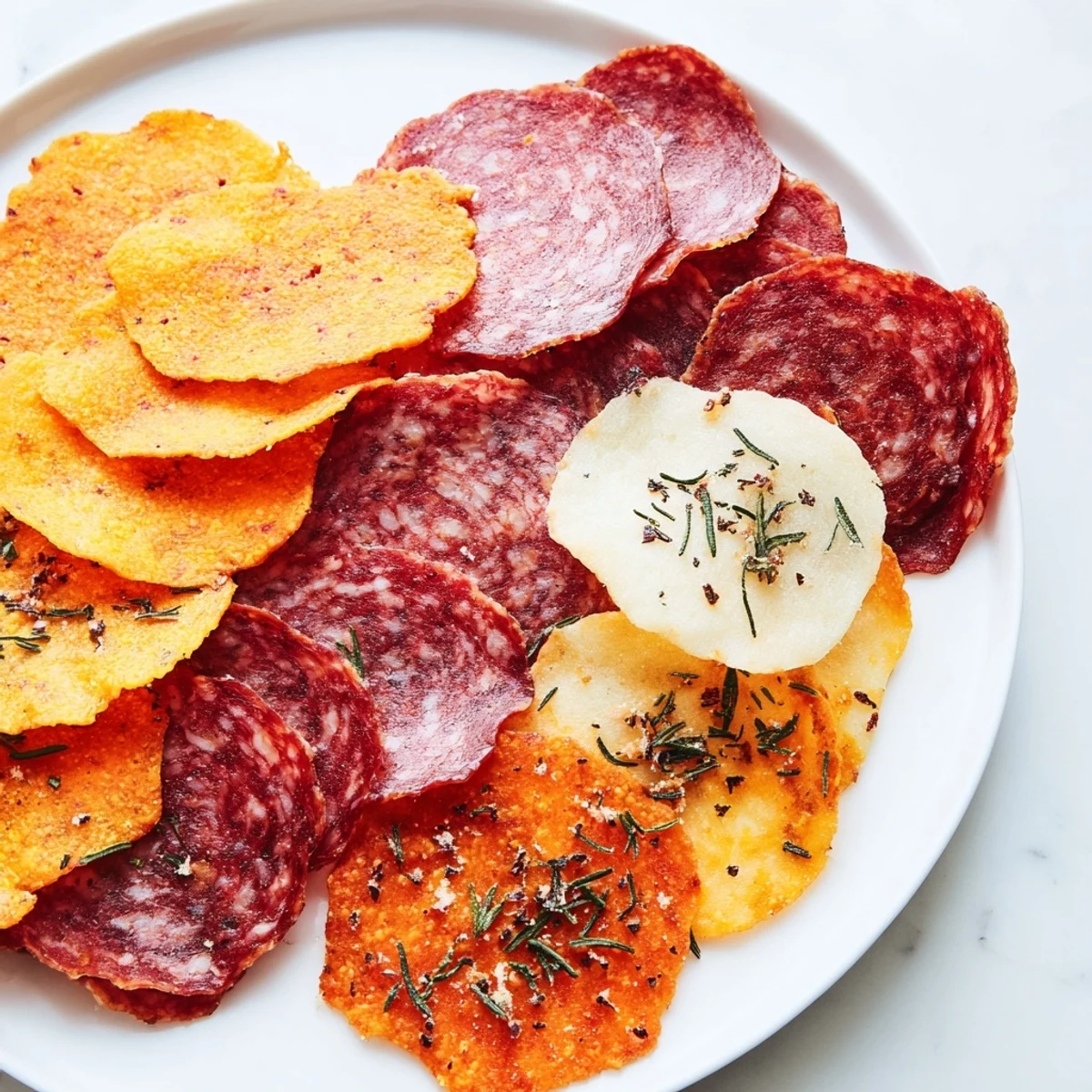 A close-up of charcuterie chips, the irresistible, flavorful combination of meats and cheeses.