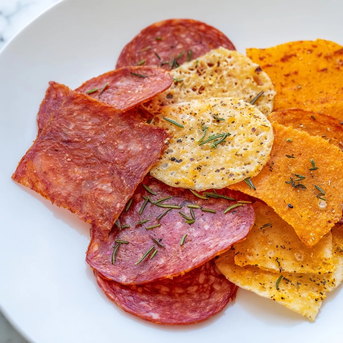 Golden, baked charcuterie chips piled on a platter, ideal for low-carb snacking with friends.