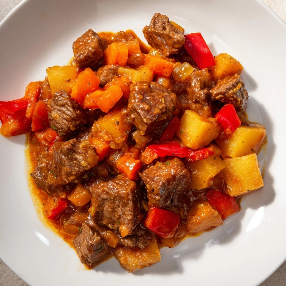 Steaming bowl of Hungarian Goulash stew, featuring tender beef and vibrant vegetables in rich broth.