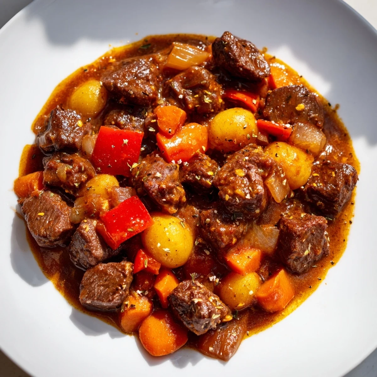 A hearty, bubbling pot of Hungarian Goulash, with chunks of beef and carrots in a flavorful sauce.
