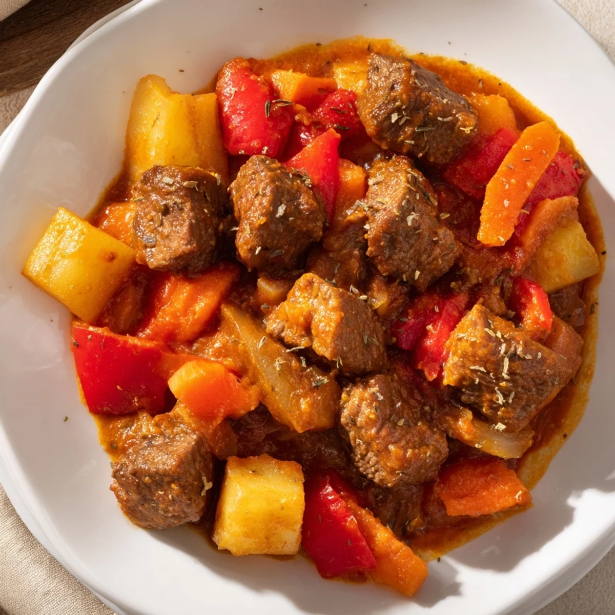 Up-close shot of a delicious Hungarian Goulash stew, showcasing the tender beef and vibrant paprika spices.
