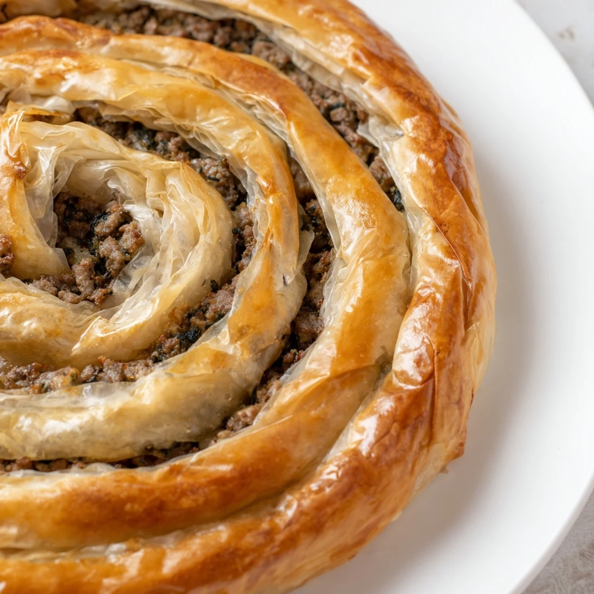 Golden, flaky Bosnian Burek pastry spiral, filled with savory ground beef and spinach, ready to eat.