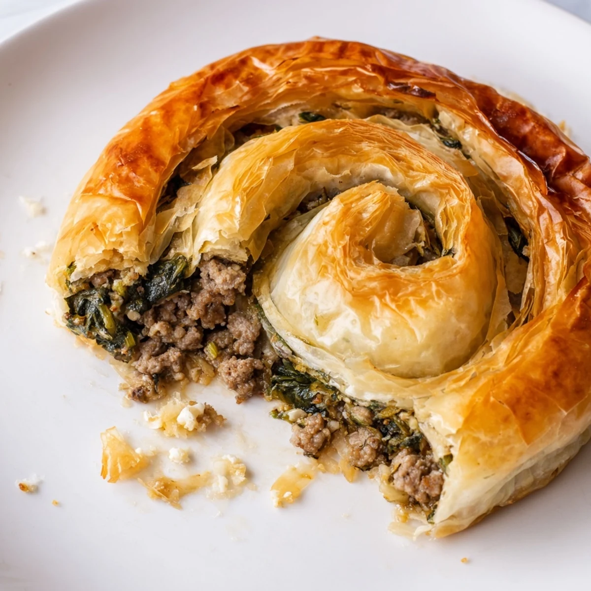 Close-up of the delicious baked Bosnian Burek, showcasing its golden crust and flavorful filling.