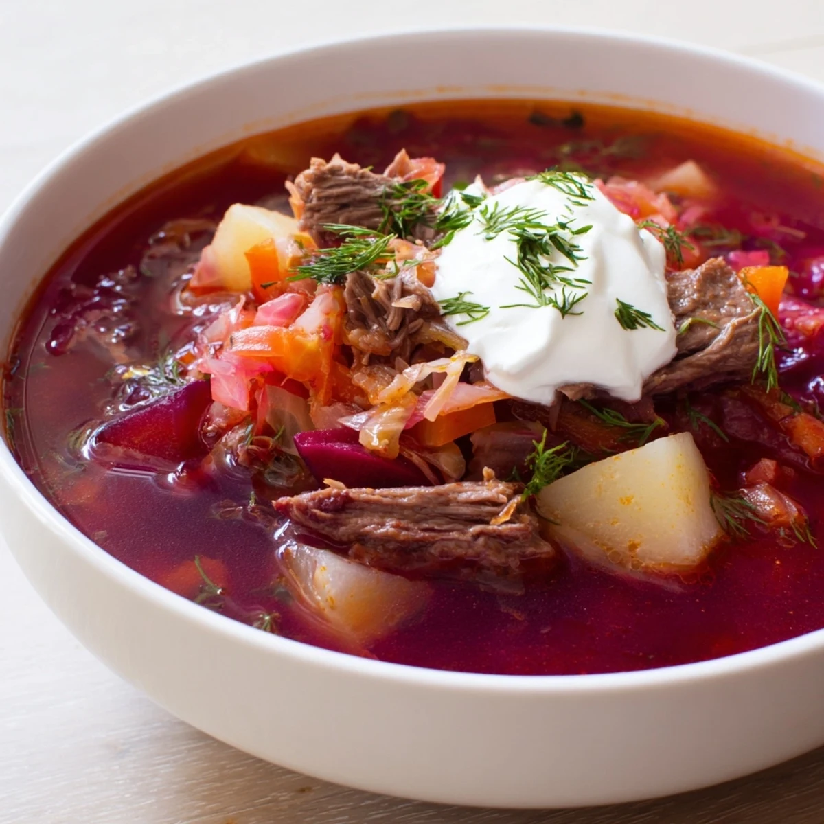 This photo shows the vibrant red color of a hearty Ukrainian borscht, perfect for a cold evening meal.