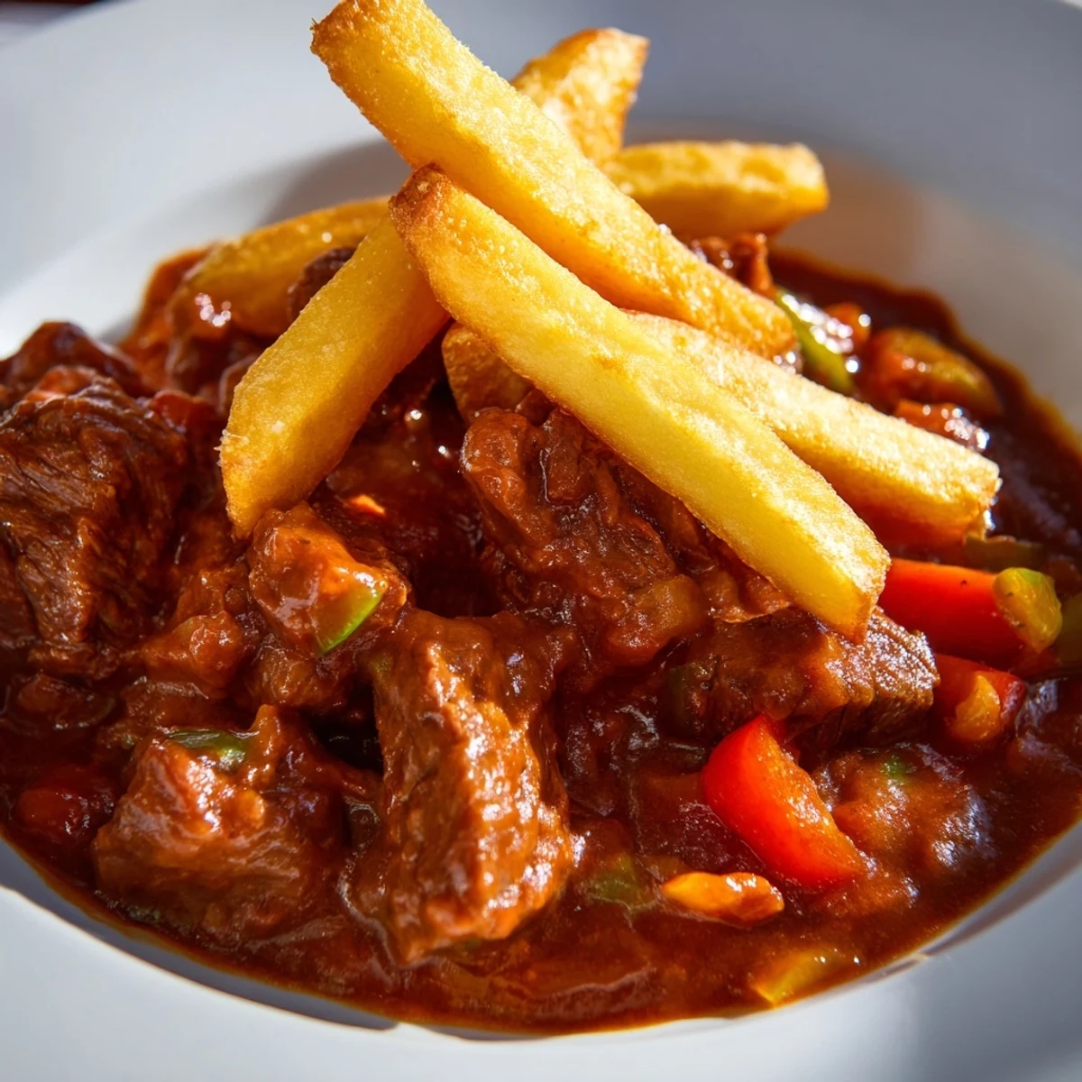 A steaming bowl of Czech Goulash Potato, boasting flavors of beef and spices with fried potatoes.