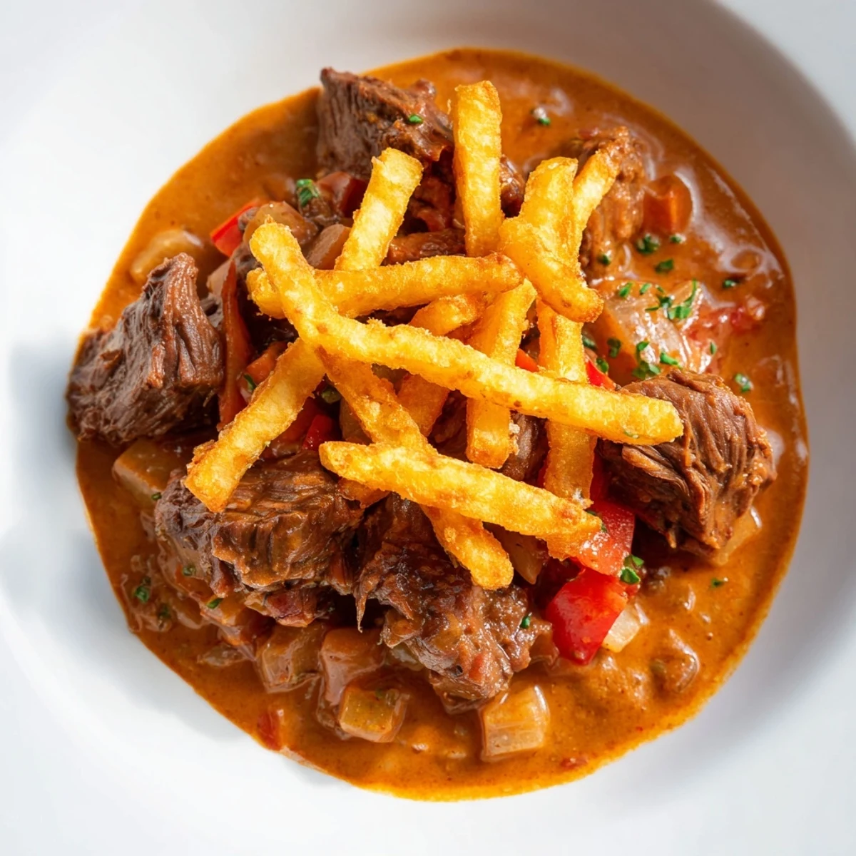Hearty Czech Goulash Potato; imagine the succulent beef and crispy potatoes on your plate.