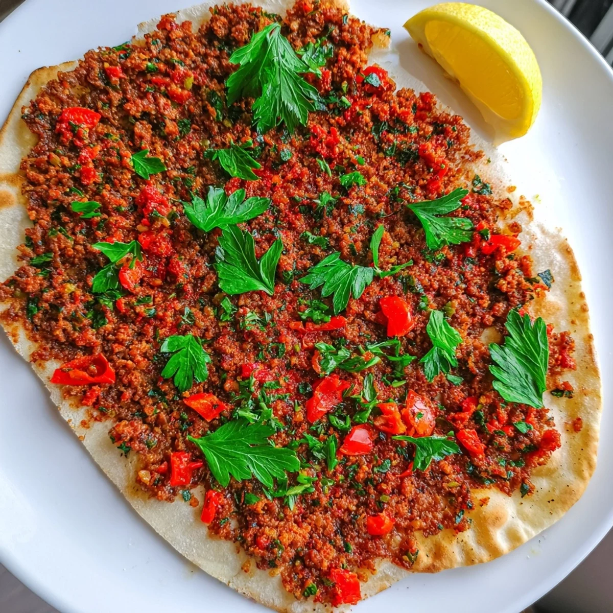 Crispy Turkish Lahmacun with spiced meat, fresh herbs, and a squeeze of zesty lemon; a delicious flatbread.