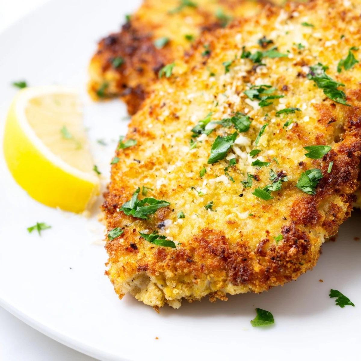 A close-up of beautifully browned Parmesan chicken cutlets, a satisfying and easy recipe.