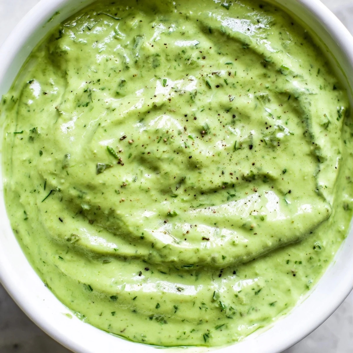 Vibrant green Green Goddess Dressing, creamy and bursting with fresh herbs, ready for dipping vegetables.
