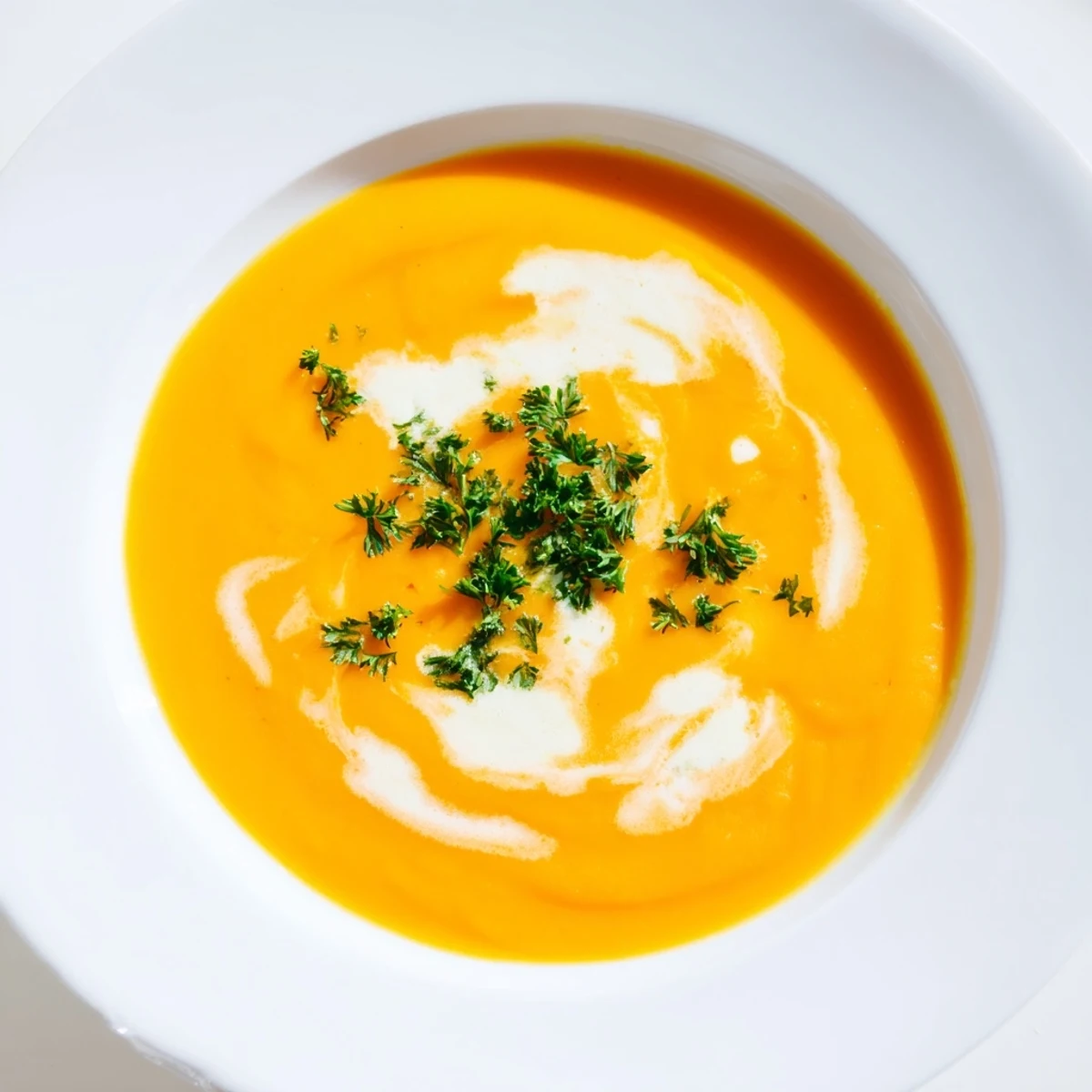 Creamy carrot soup, garnished with herbs, ready to be served and enjoyed at your table.