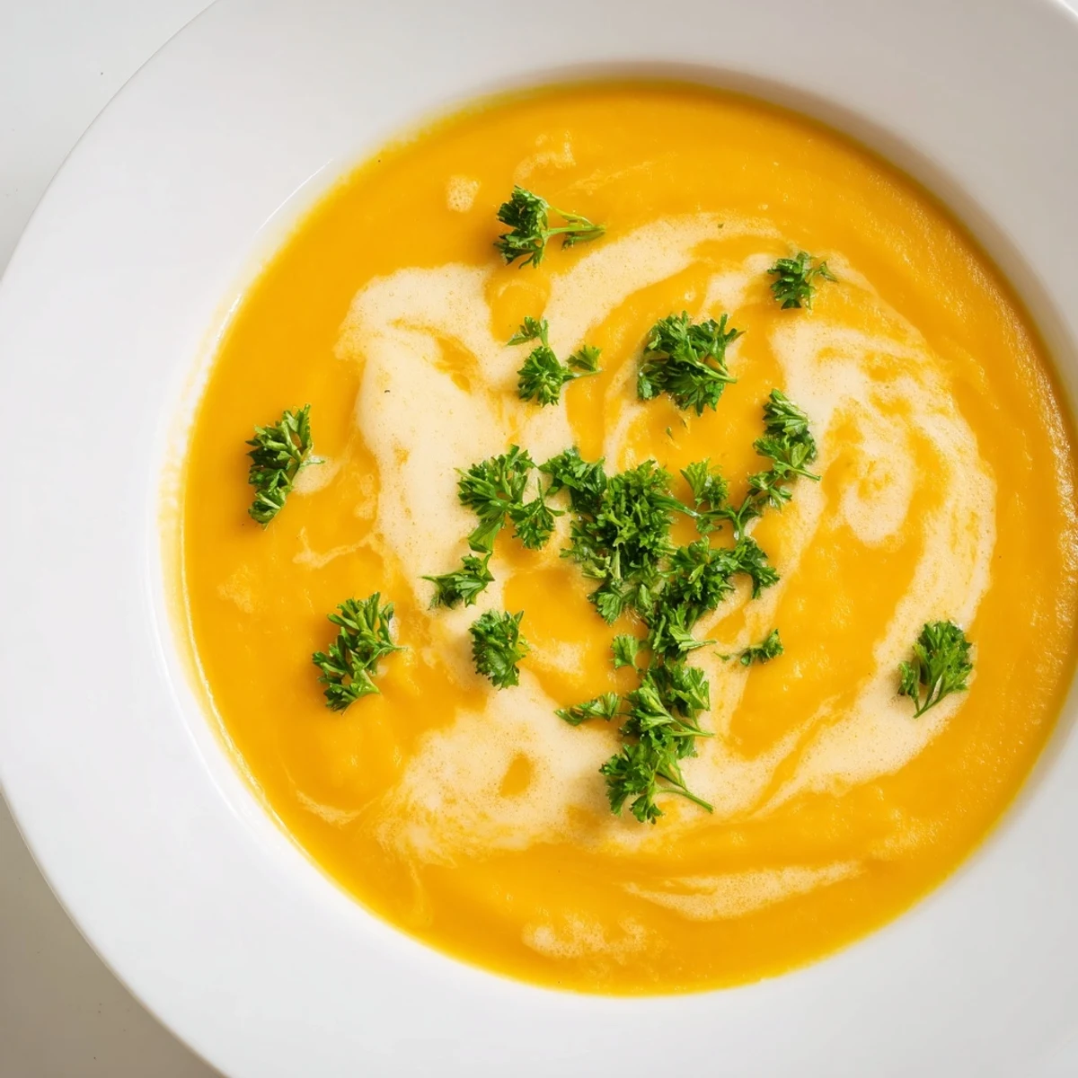Warm, blended creamy carrot soup; the perfect comfort food with hints of ginger and cream.