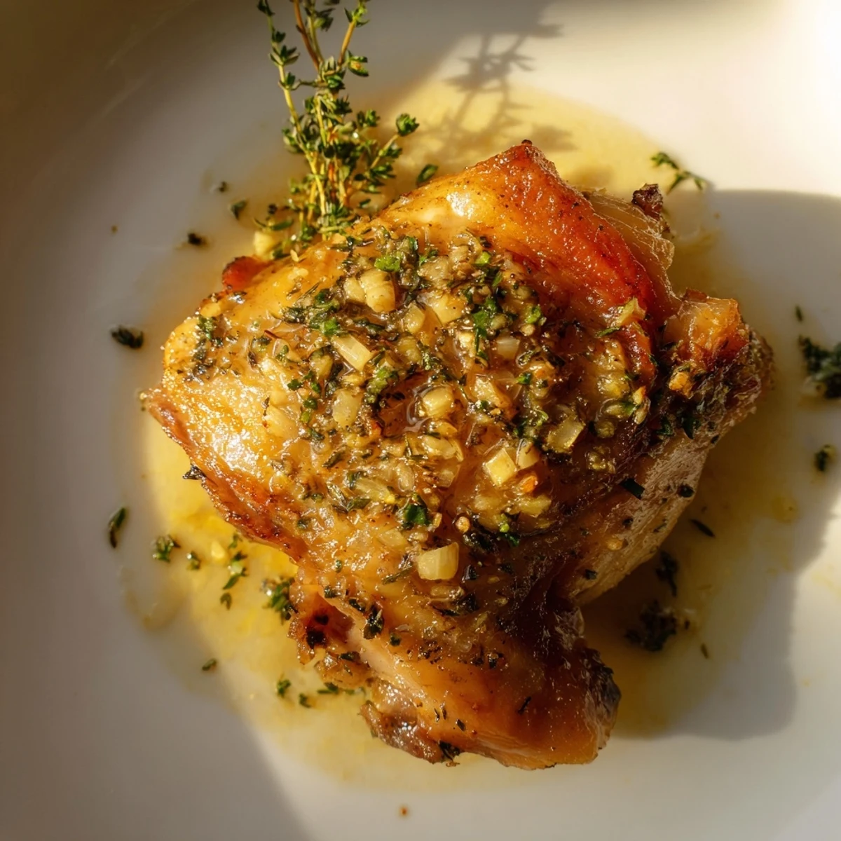 Golden brown Garlic Butter Chicken Thighs, perfectly roasted, with crispy skin and juicy meat.