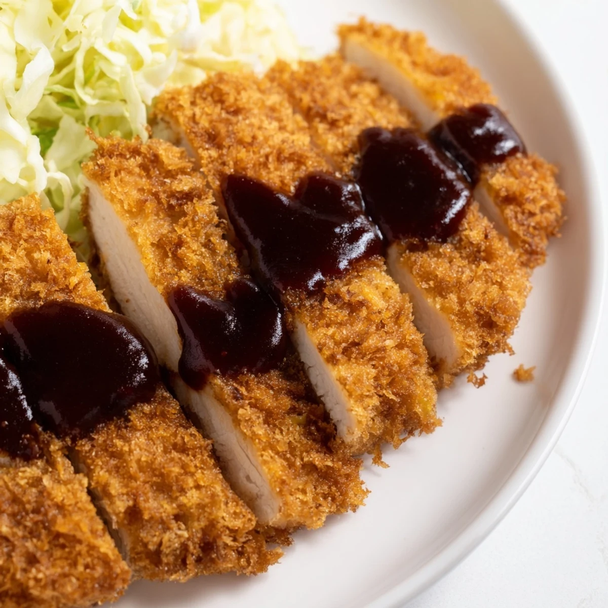 Golden-brown Chicken Katsu cutlet, served with tangy sauce & shredded cabbage; a satisfying Japanese meal.