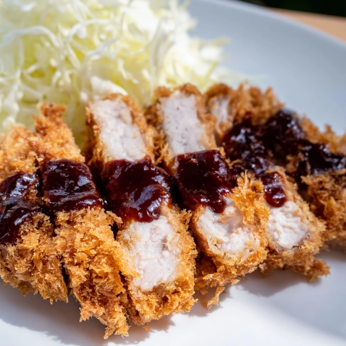 Crispy-fried Chicken Katsu, a delicious Japanese comfort food main dish, ready to be sliced and enjoyed.