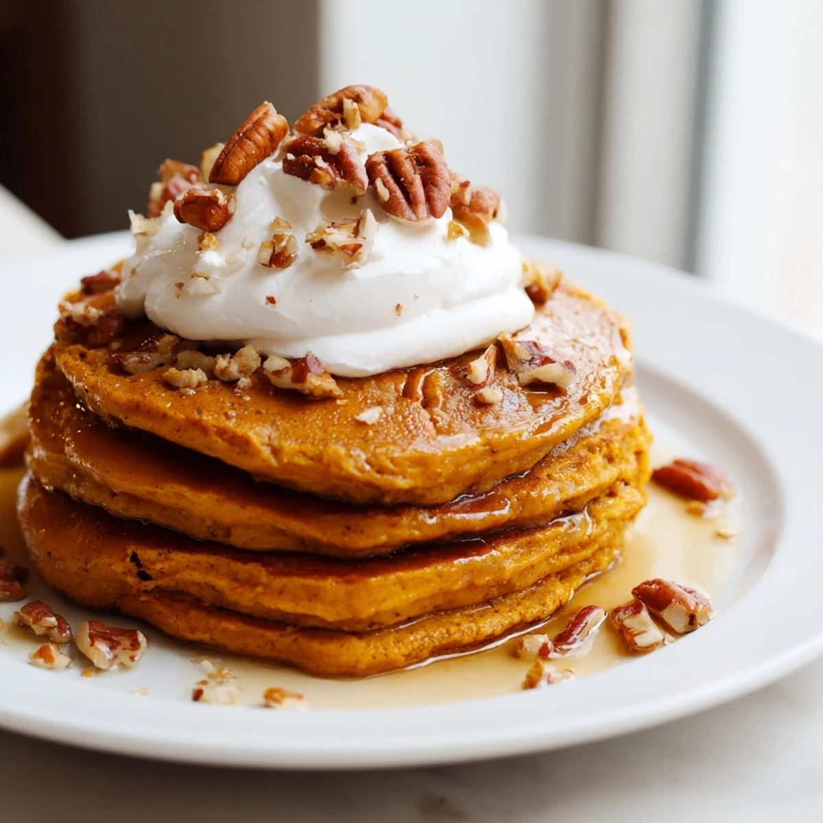 Golden-brown Pumpkin Spice Pancakes stacked high, drizzled with maple syrup for breakfast.