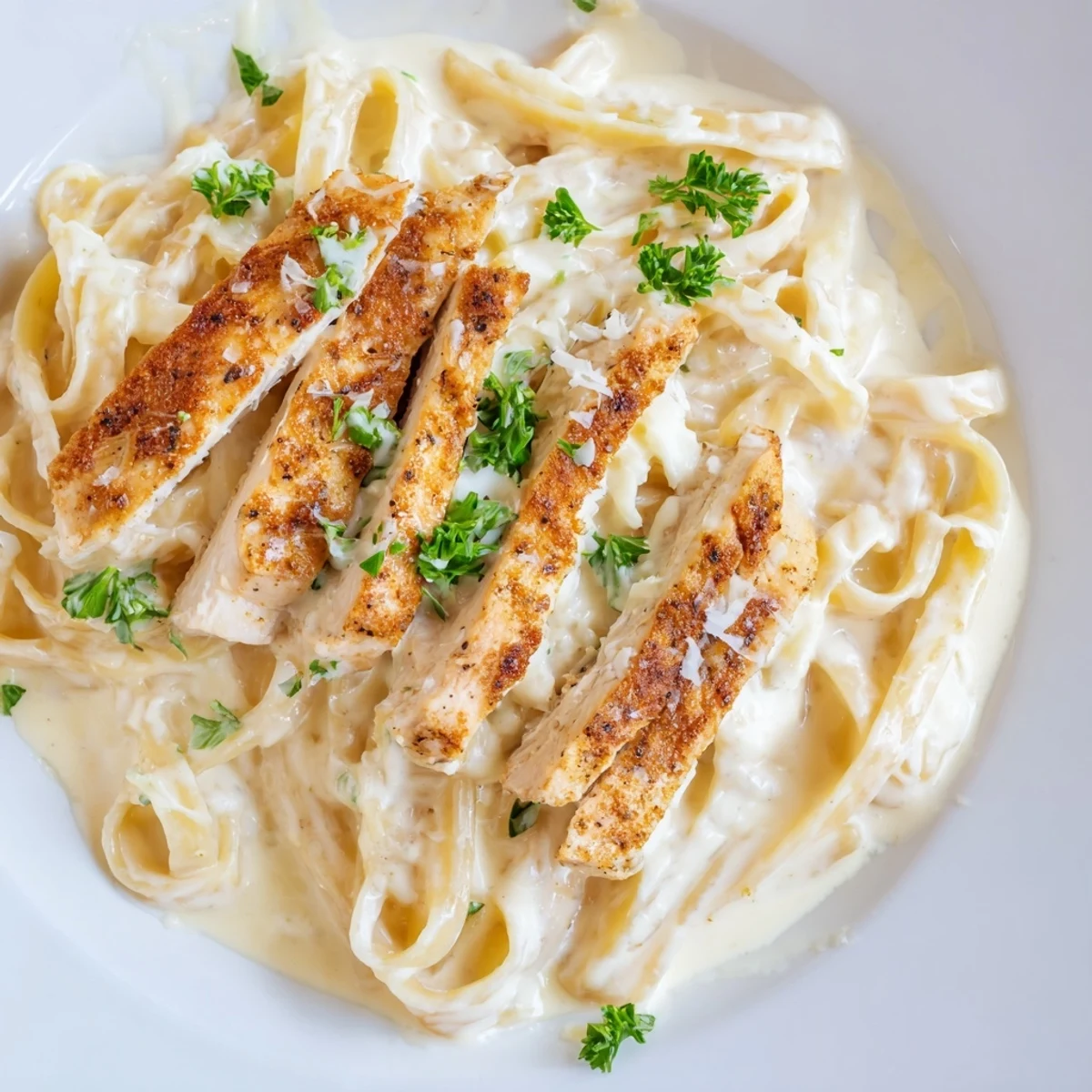 Plated Cajun Chicken Alfredo featuring golden, sliced chicken breasts over fettuccine tossed in a creamy, garlicky Parmesan sauce, garnished with fresh parsley.