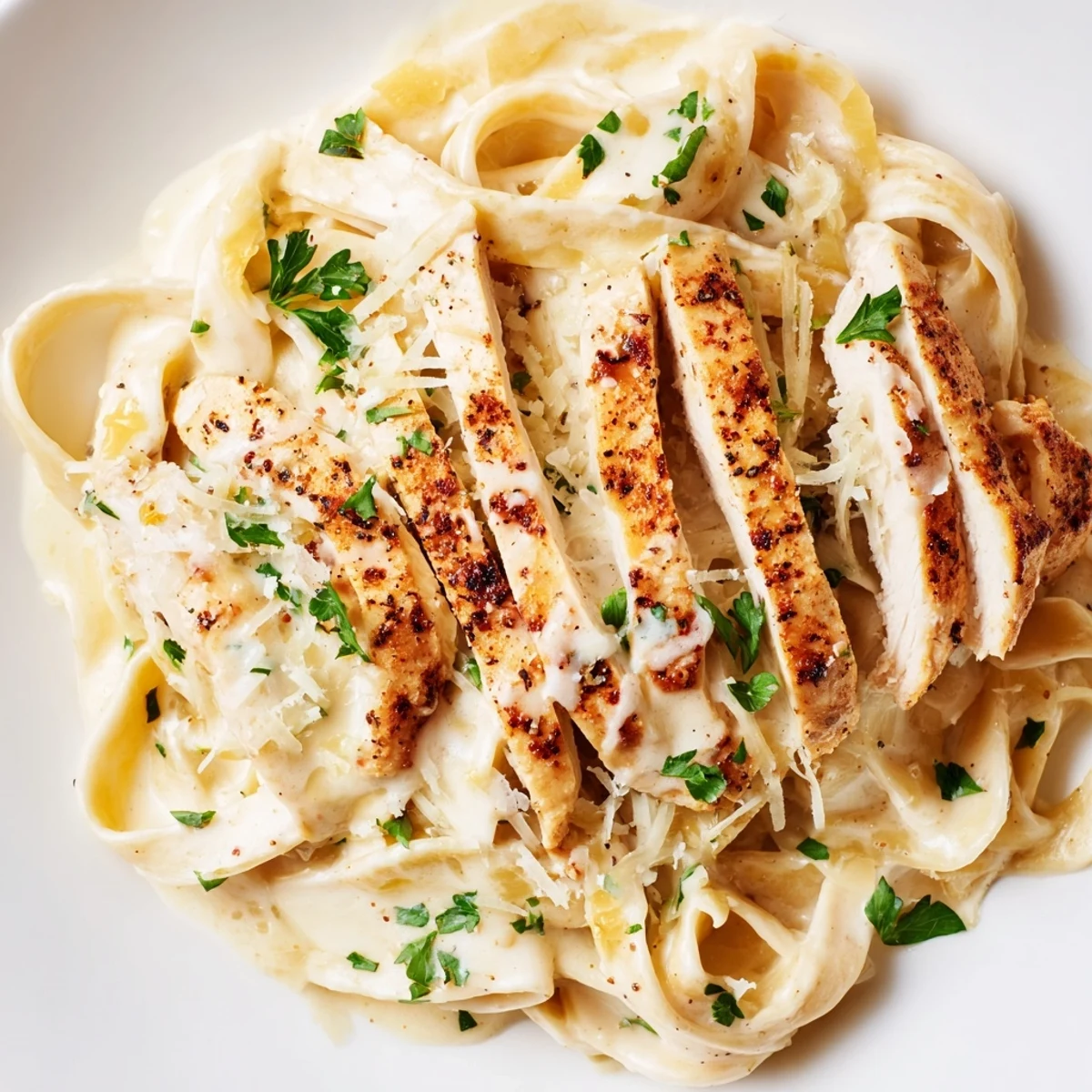 Steaming skillet of Cajun Chicken Alfredo, showcasing fettuccine noodles coated in rich sauce and tender, spice-rubbed chicken slices ready to serve.