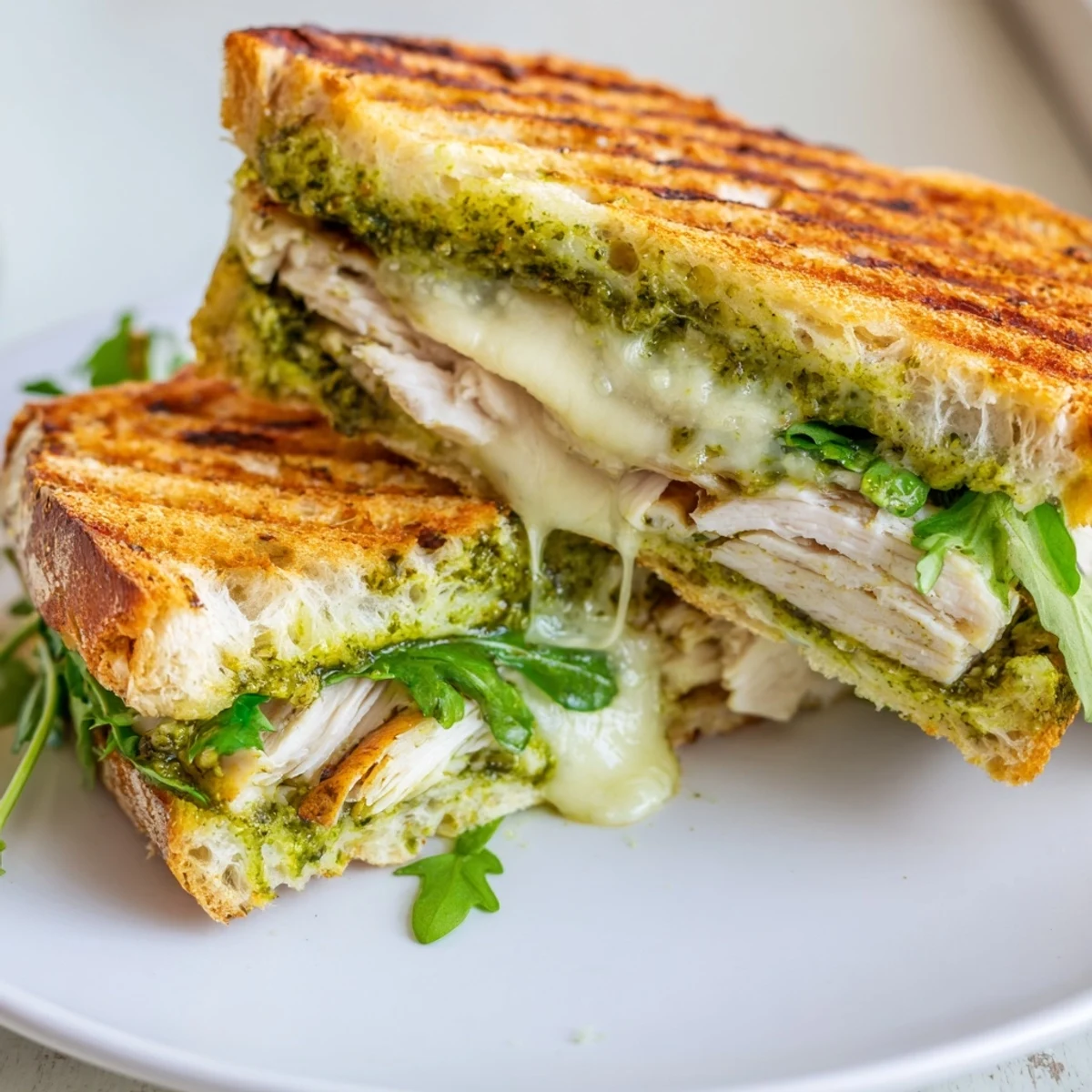 Freshly pressed Chicken Pesto Panini cut in half, revealing layers of juicy chicken, melted cheese, and fresh spinach.