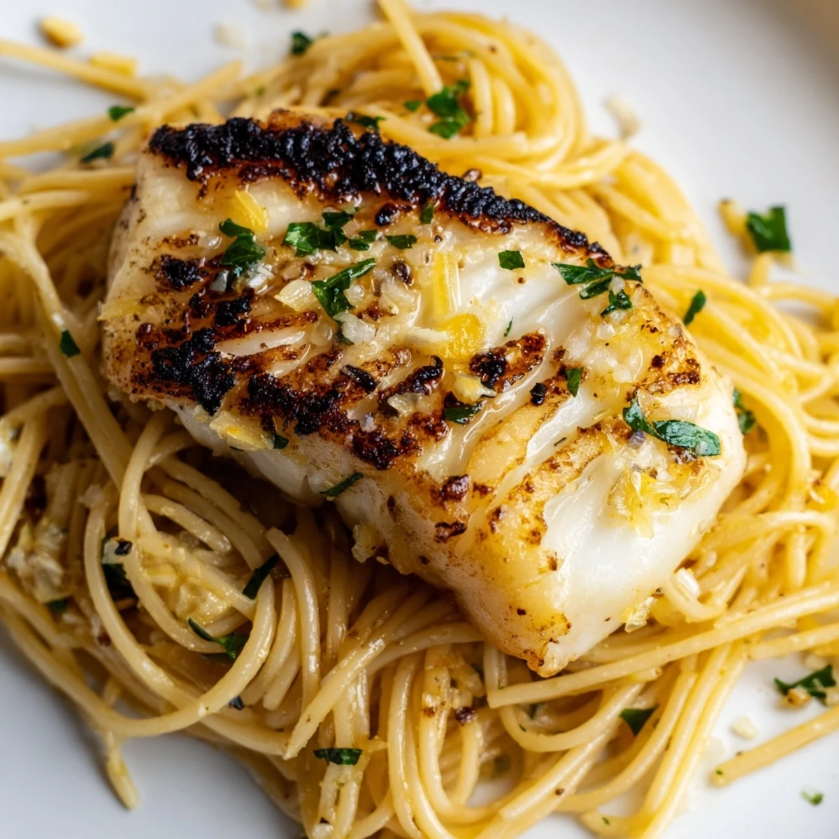 Close-up of flaky sea bass on a bed of zesty lemon pasta, with melted Parmesan and garlic-infused butter sauce.
