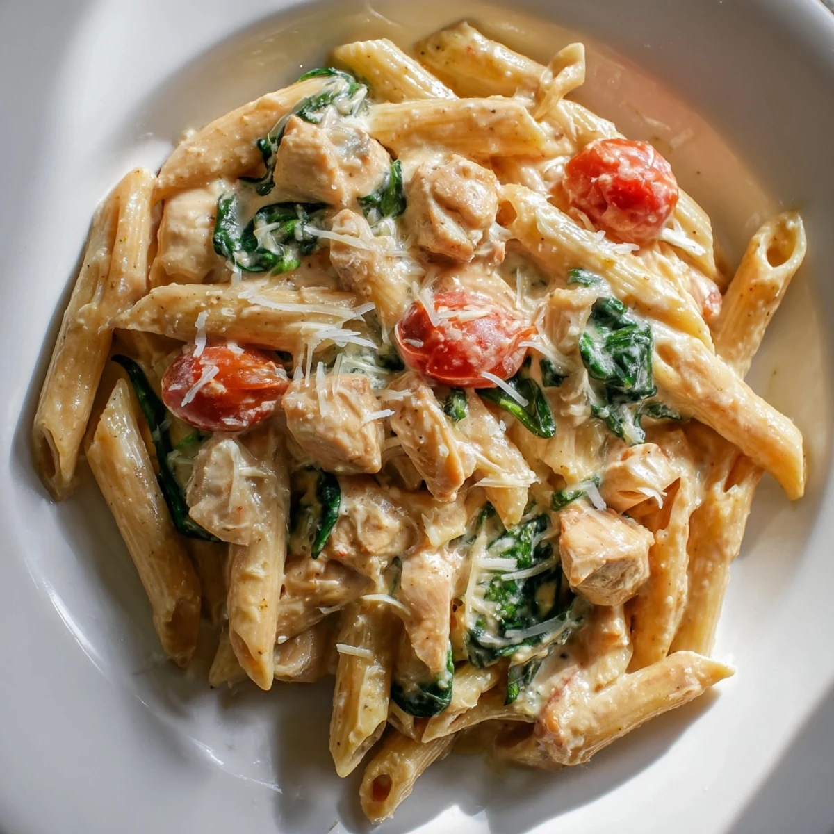 Creamy Greek Yogurt Chicken Pasta features tender chicken pieces and al dente penne tossed in a luscious, herb-infused yogurt sauce with spinach and cherry tomatoes.  