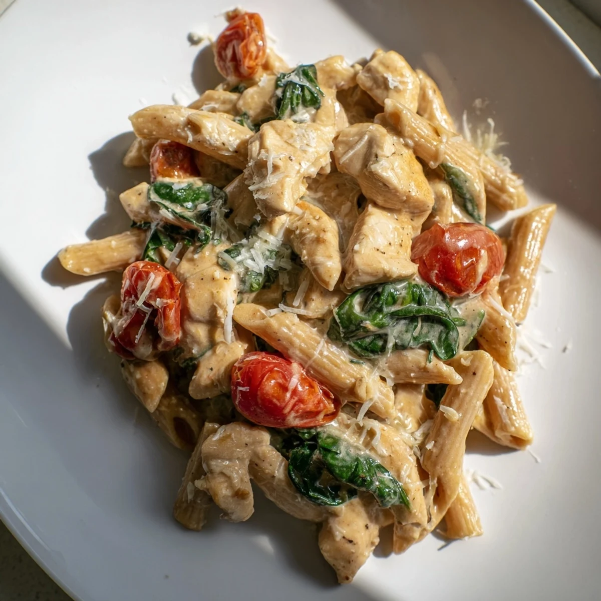 Serve Greek Yogurt Chicken Pasta in a rustic white bowl, garnished with fresh basil and a wedge of lemon, perfect for a healthy weeknight dinner.