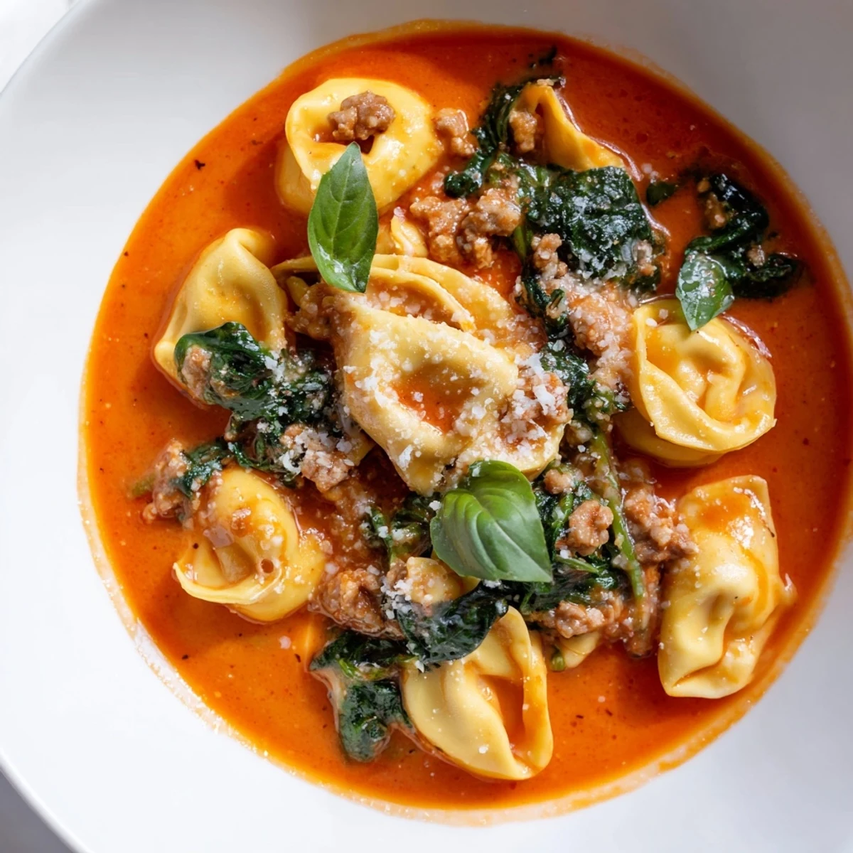 Creamy Tuscan Tortellini Soup with Italian sausage and wilted spinach served in a rustic bowl.  