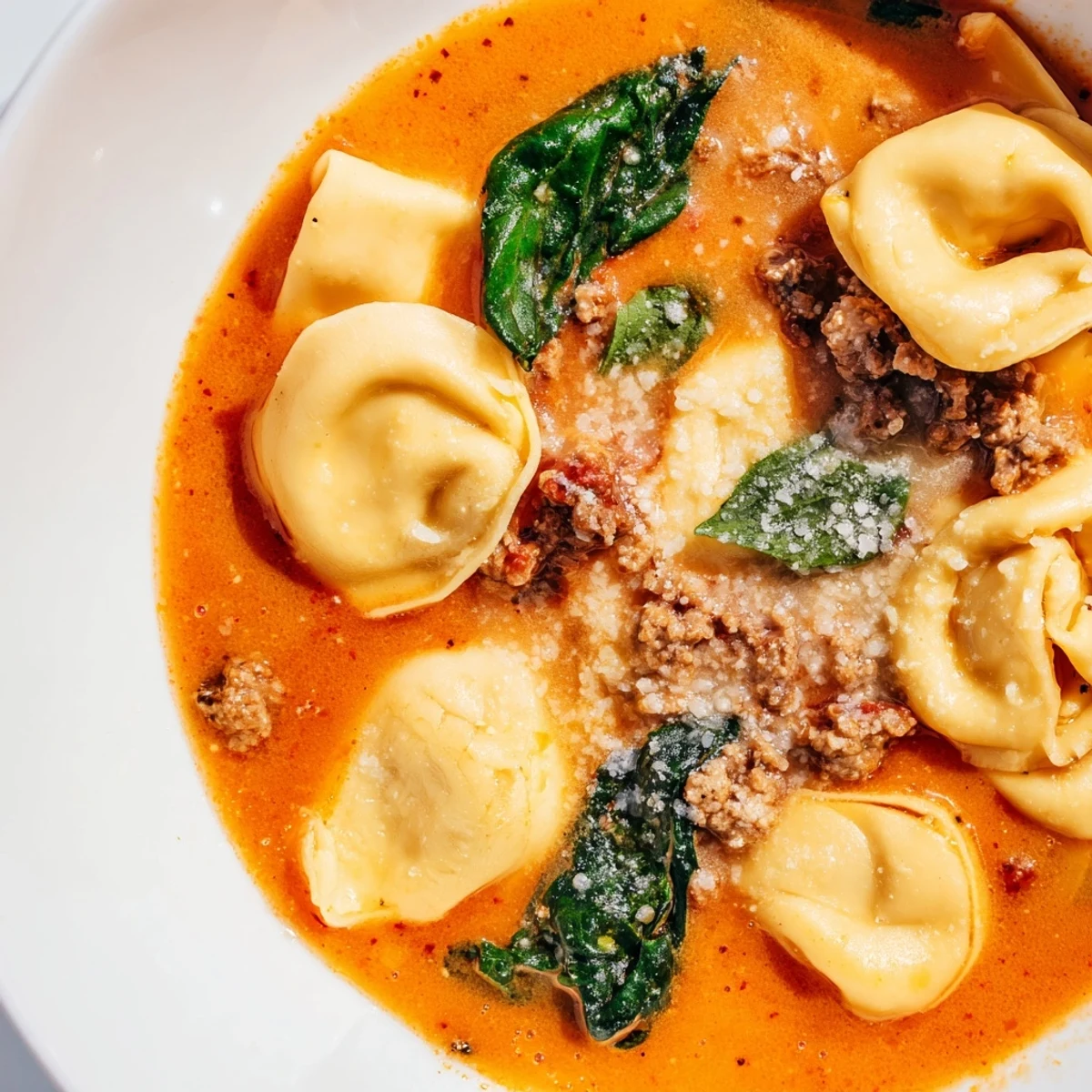 Hearty Tuscan Tortellini Soup simmering with cheese tortellini and a rich, creamy tomato broth.  