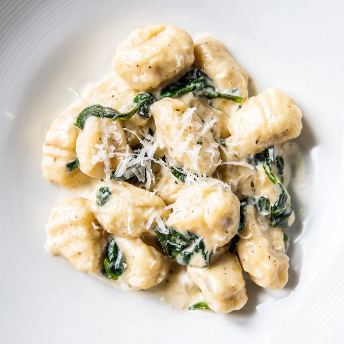 Creamy Garlic Gnocchi in a rich, velvety garlic cream sauce with wilted spinach on a rustic plate.