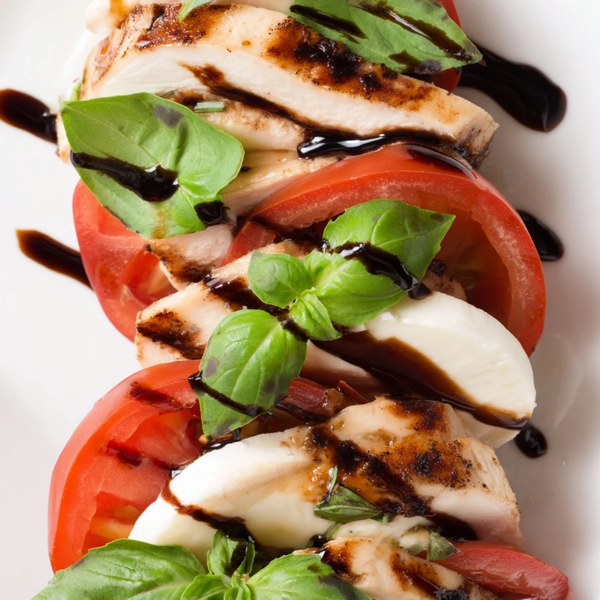 Golden grilled chicken meets sliced tomatoes and mozzarella, garnished with fresh basil and a drizzle of balsamic on this Chicken Caprese Salad.