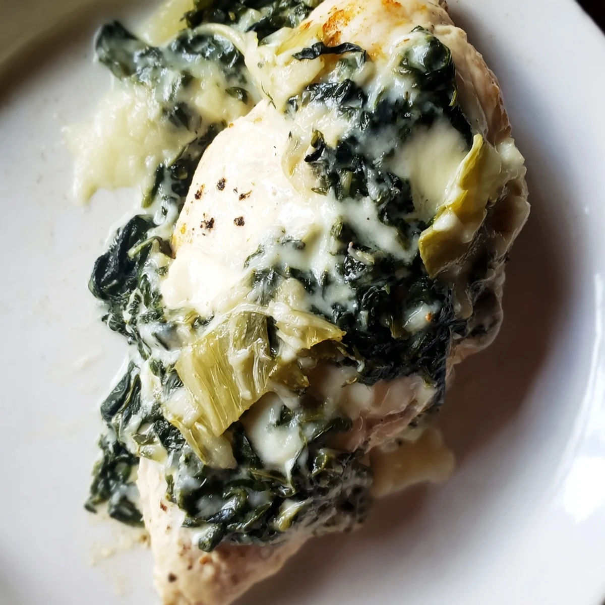 Tender chicken breasts are smothered in a vibrant green spinach and artichoke mixture.