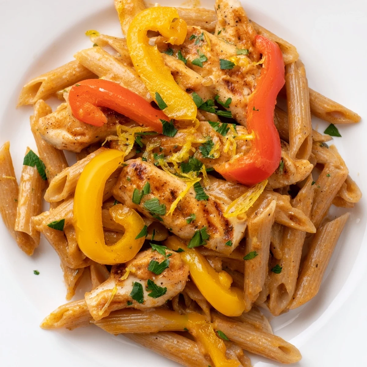 Creamy Cajun Chicken Pasta Lite served in a skillet with colorful bell peppers, garnished with fresh parsley for a spicy, lighter dinner.  