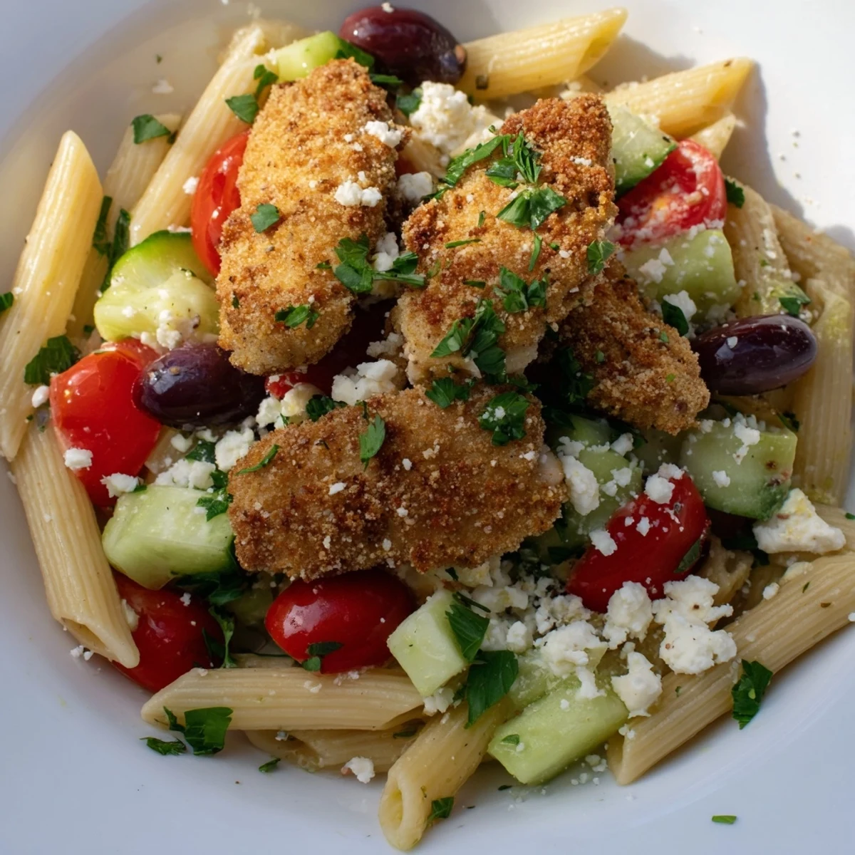 Crispy Chicken Greek Pasta features golden breaded chicken, al dente short pasta, and fresh Greek salad vegetables tossed in a zesty oregano dressing.