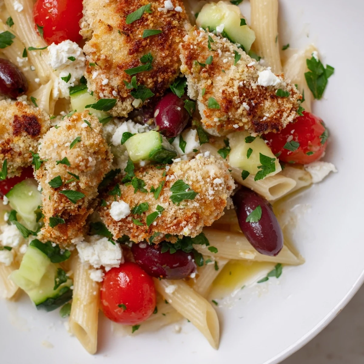 A serving of Crispy Chicken Greek Pasta with juicy chicken bites, cucumber, tomatoes, olives, and feta cheese over a bed of pasta.