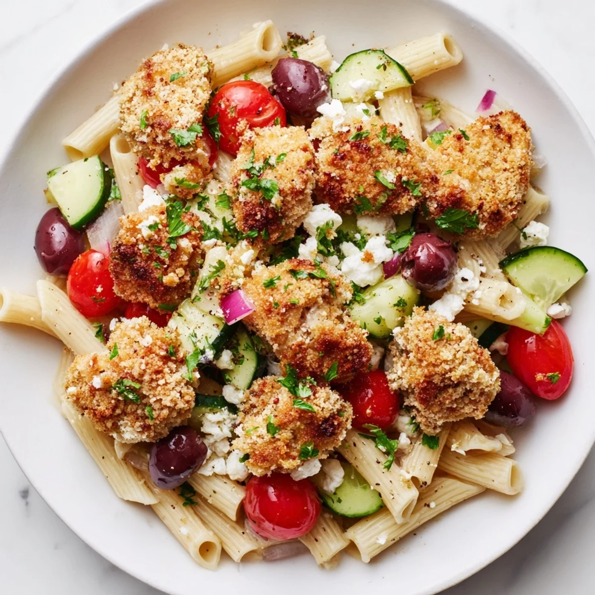 Freshly prepared Crispy Chicken Greek Pasta combines crispy chicken, tender pasta, and vibrant Greek salad mix with a light, lemony vinaigrette.